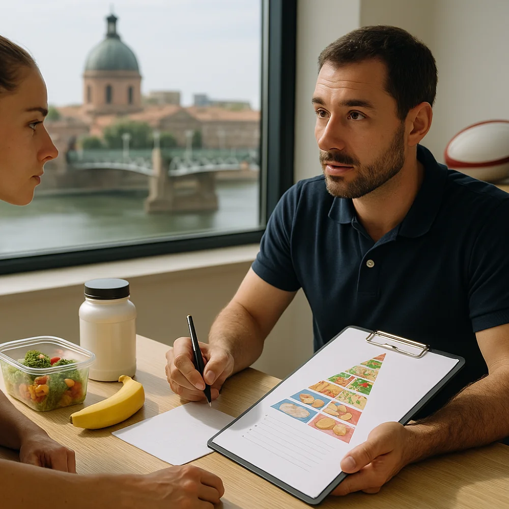 Consultation nutritionnelle entre un coach et une jeune femme, avec en arrière-plan le Dôme de la Grave à Toulouse, et des aliments sains sur la table.